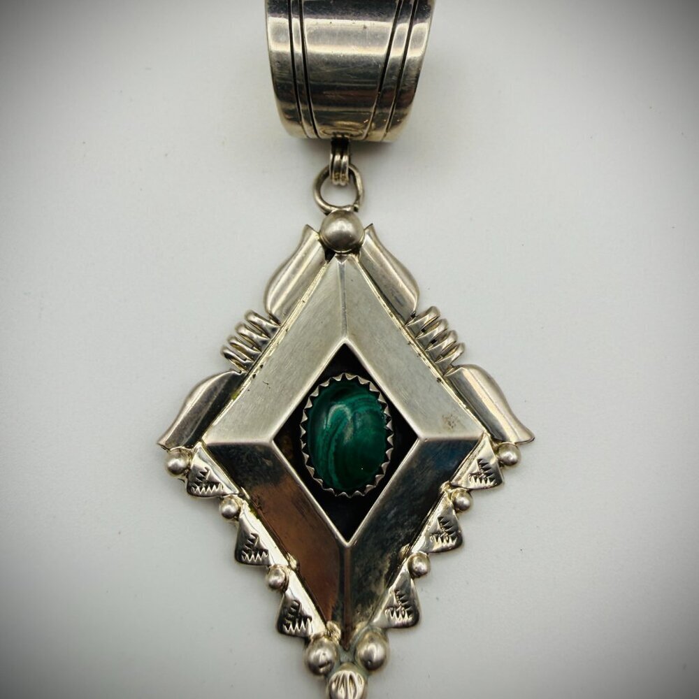 Sterling Malachite Pendant • Artist-Stamped “M L” • 2.75" • Pendant Only - Picture 2 of 4